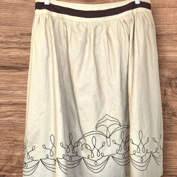 Linen Peasant Skirt Beige w Brown Embroidery  Knee Length / Sz 12 - Picture 5 of 11